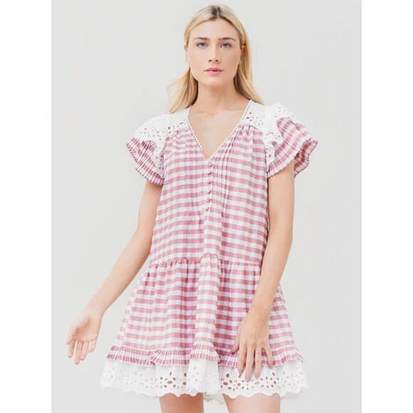Hunter Bell Virginia Mini Dress Rosette Check Gingham Eyelet Ruffle Tuckernuck - Picture 1 of 11